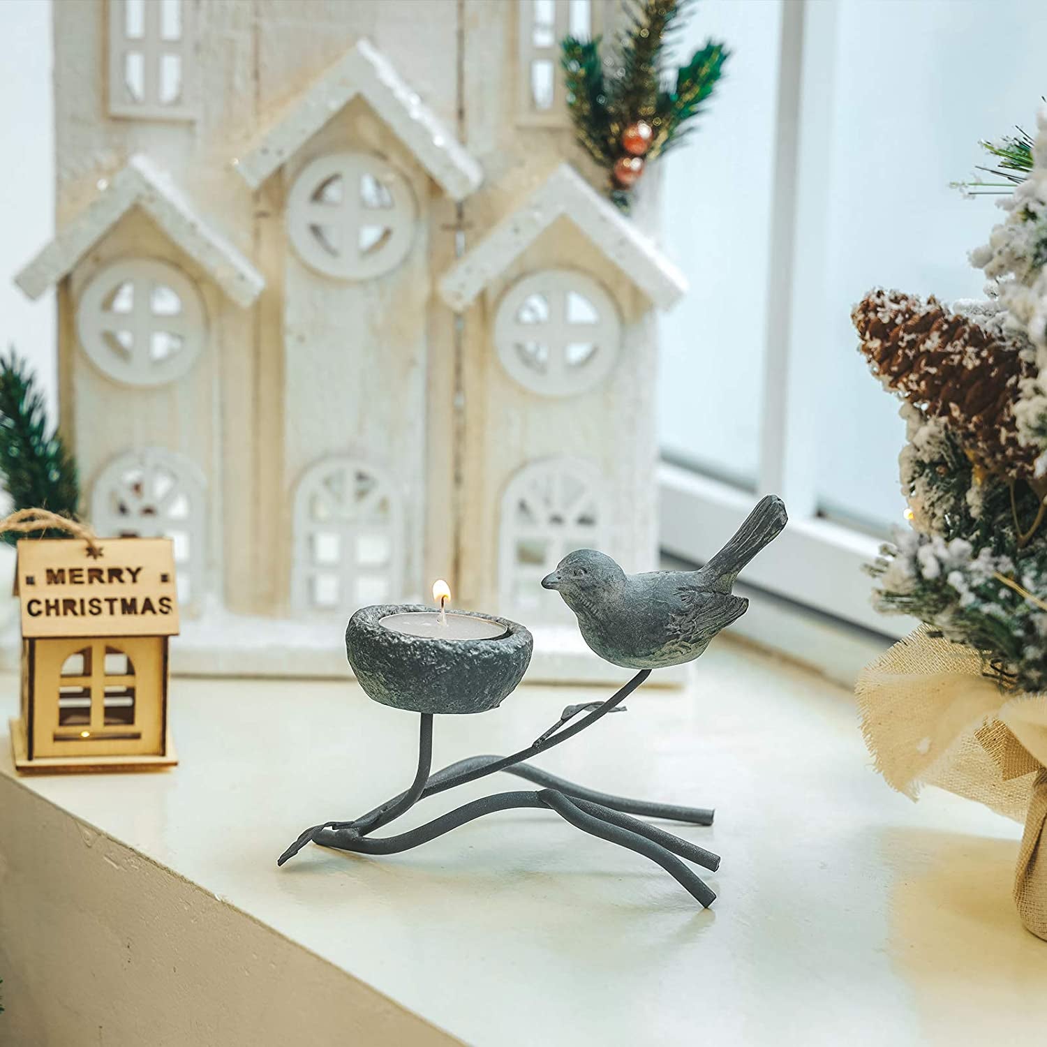 Votive Candle Holders, Vintage Home Decor Centerpiece, Iron Branches, Resin Bird and Nest, Tabletop Decorative Tealight Candle Stands,Creative Artwork (Grey Black)