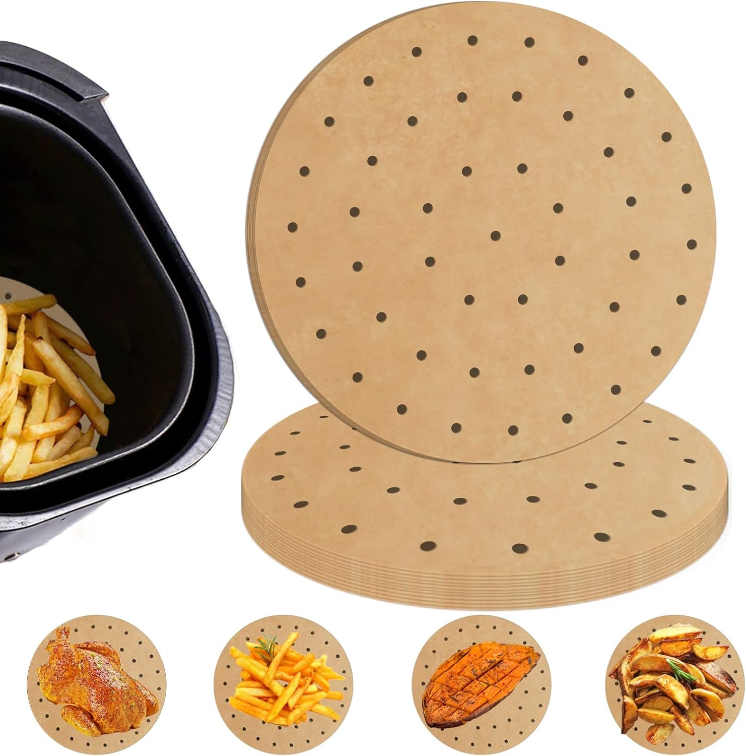 100-Pack 7 Inch Air Fryer Liners - Perforated Parchment Paper for Philips, Cosyina, Secura, Nuwave Brio, Chefman, Gowise USA, COSORI & More (Compatible with 3.4-3.7Qt Air Fryers)